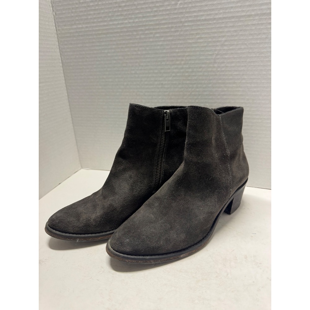 AllSaints Grey Suede Ankle Boots Almond Toe Block Heel Zip Portugal‎ Size 38 7.5